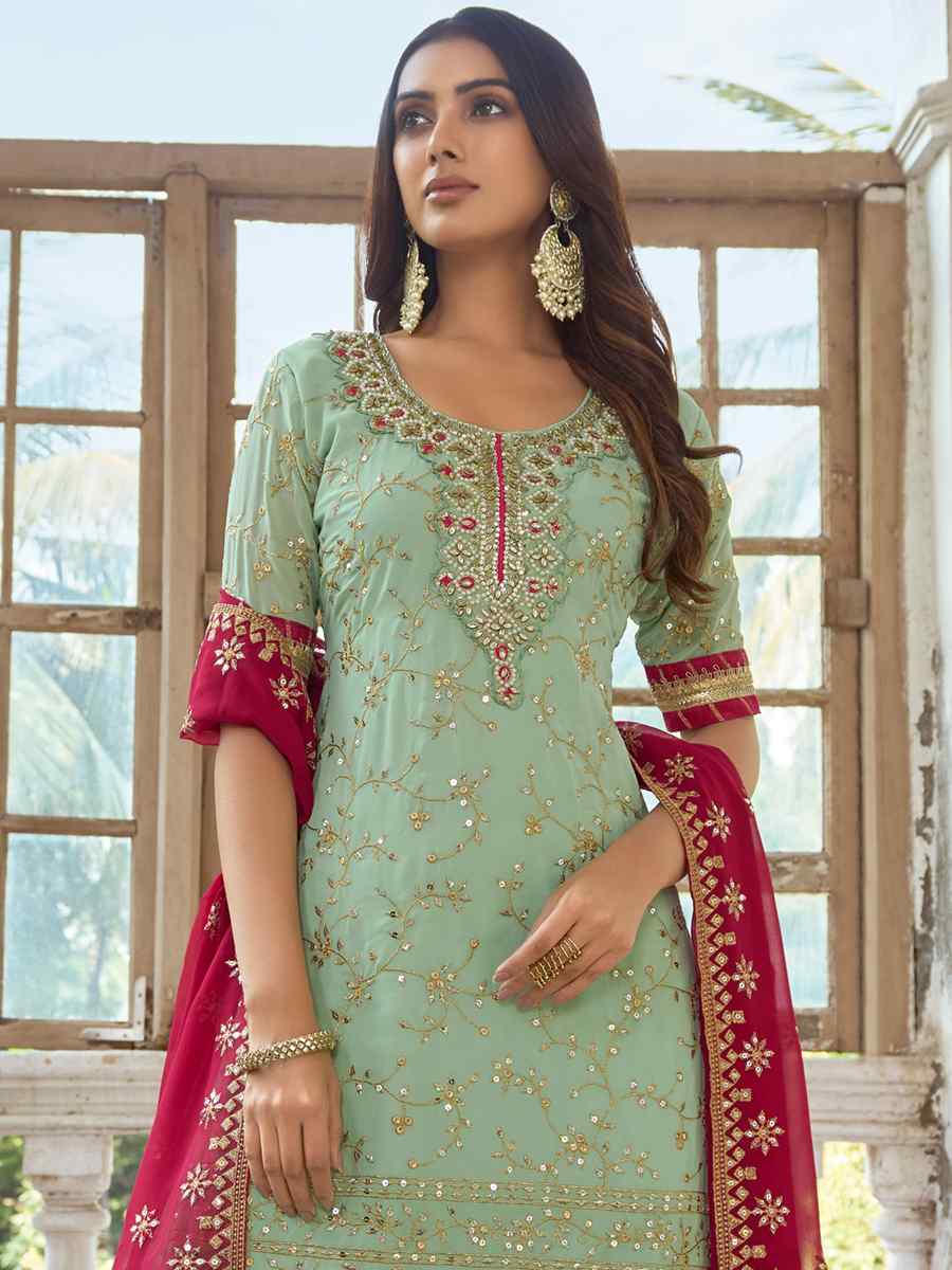 Pista Heavy Faux Georgette Embroidered Festival Wedding Palazzo Pant Salwar Kameez