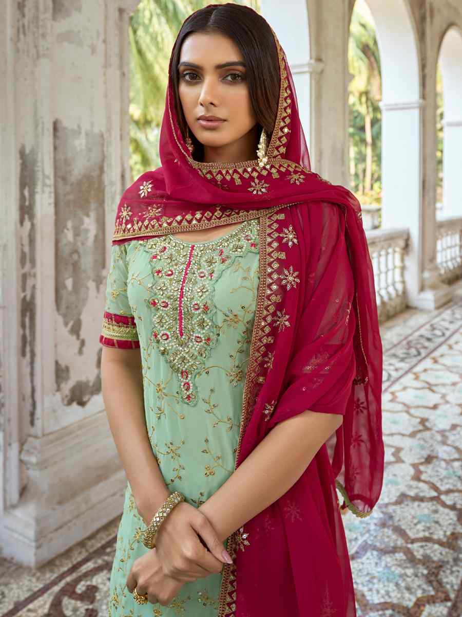 Pista Heavy Faux Georgette Embroidered Festival Wedding Palazzo Pant Salwar Kameez