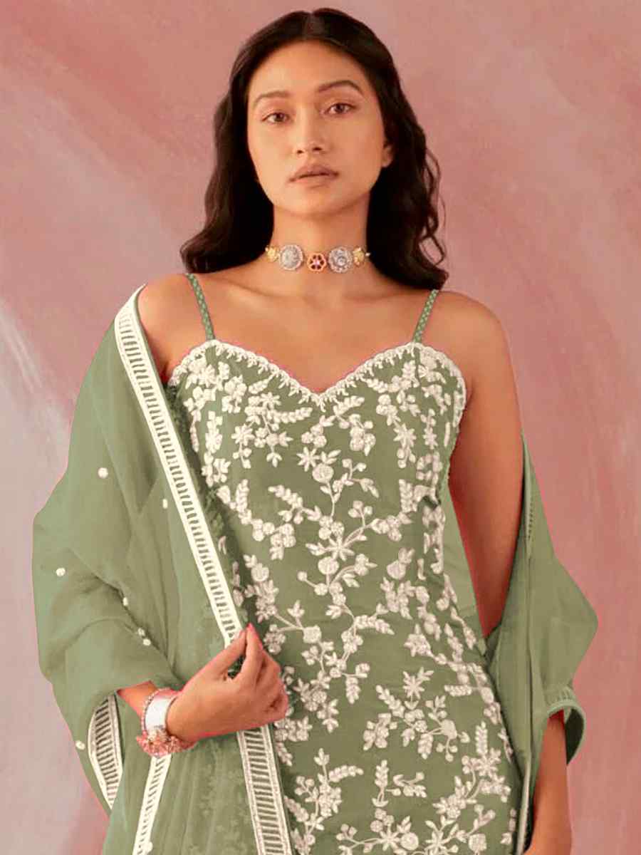 Pista Heavy Faux Georgette Embroidered Party Festival Palazzo Pant Salwar Kameez