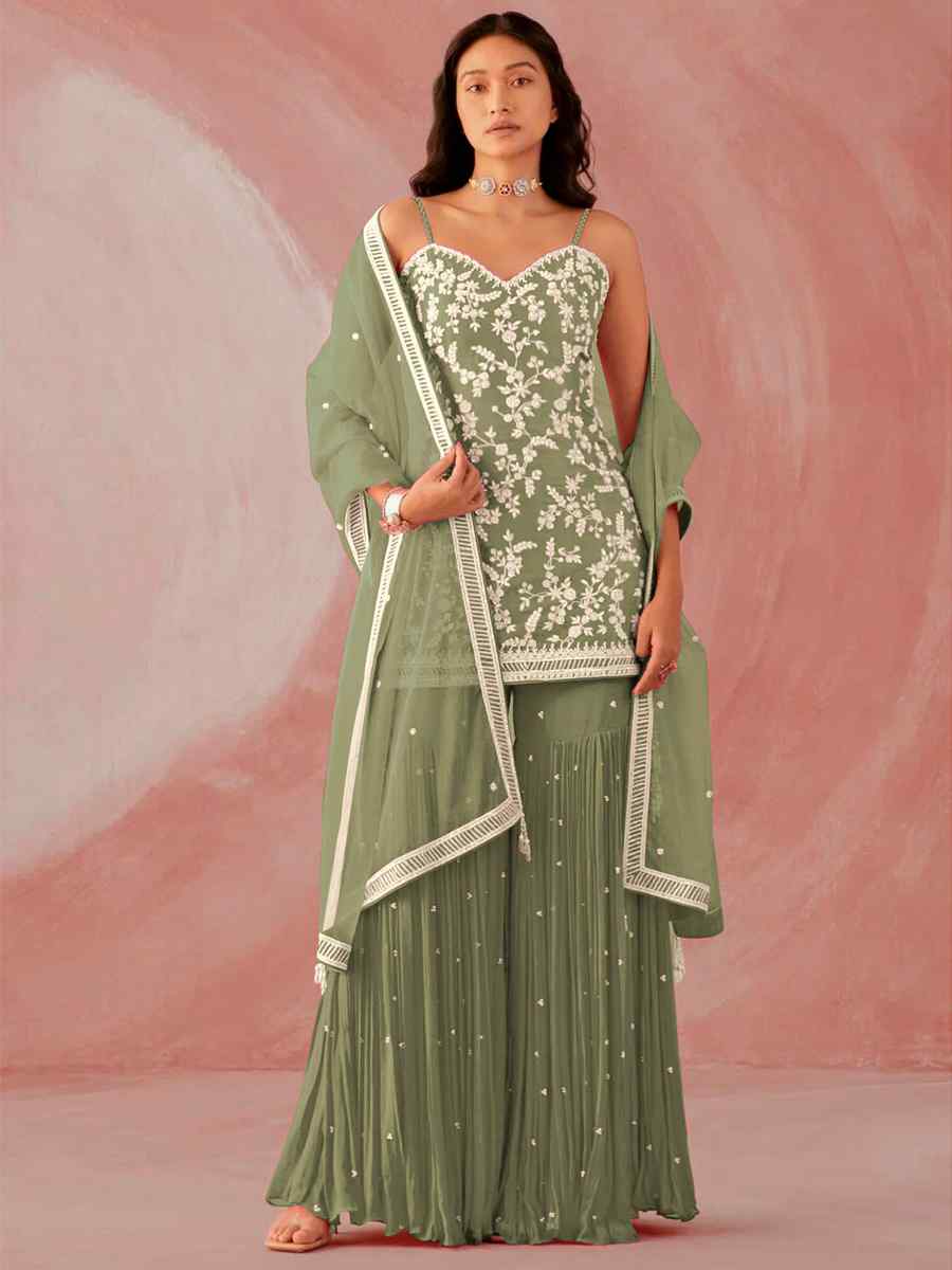 Pista Heavy Faux Georgette Embroidered Party Festival Palazzo Pant Salwar Kameez