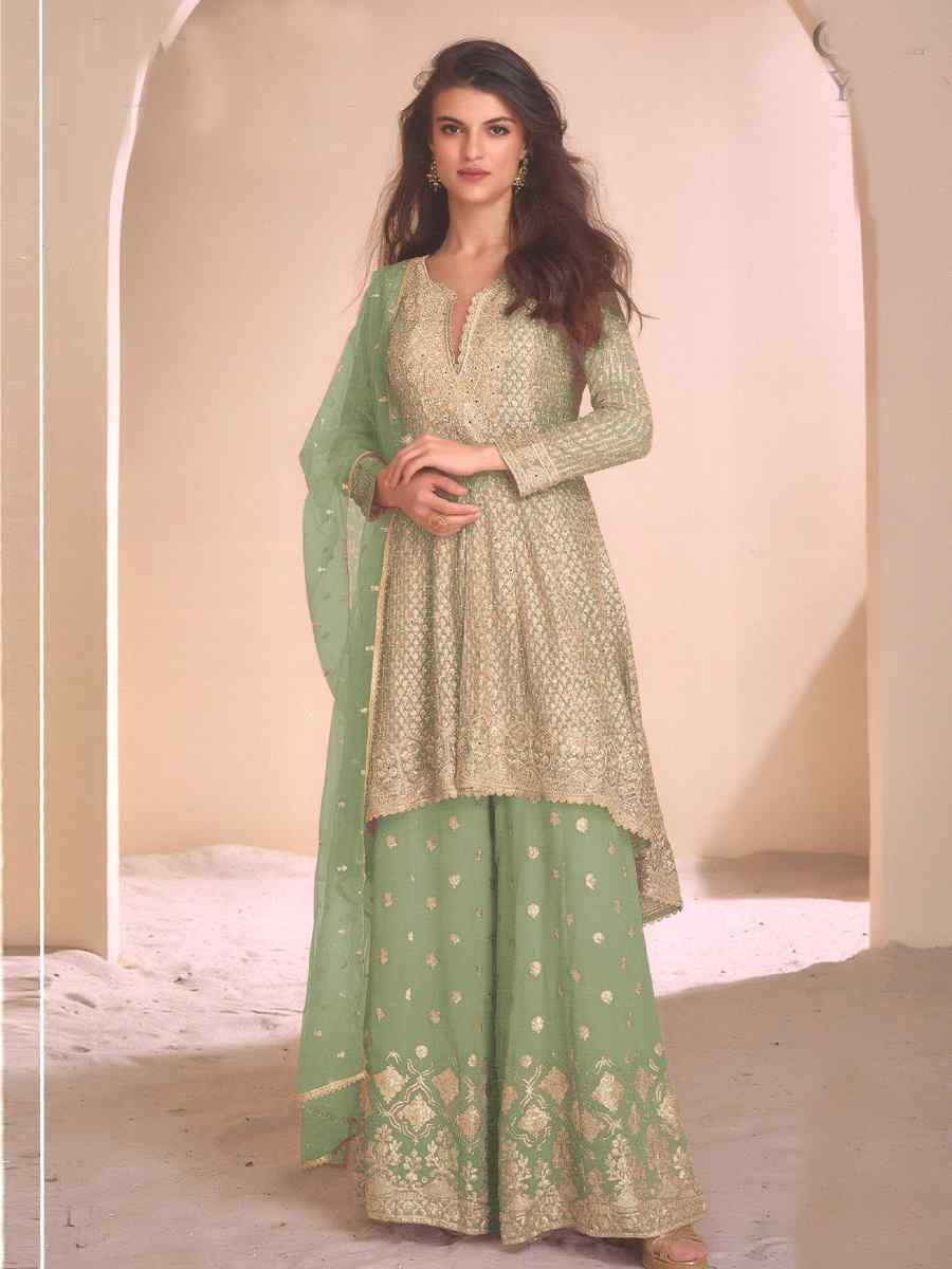 Pista Heavy Fox Georgette Embroidered Party Wedding Ready Palazzo Pant Salwar Kameez