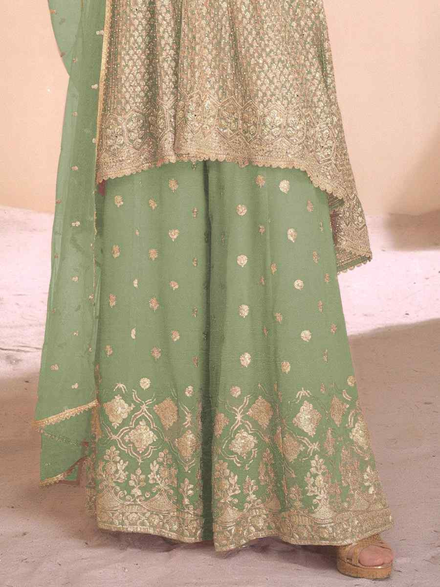Pista Heavy Fox Georgette Embroidered Party Wedding Ready Palazzo Pant Salwar Kameez