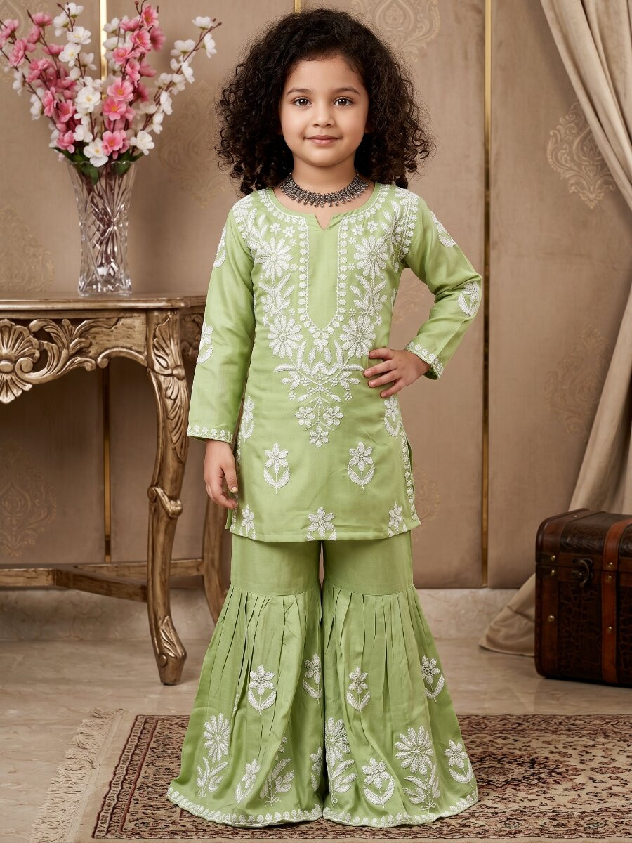 Pista Heavy rayon cotton Embroidered Ethnic Casual Festival Party Wedding Kurta Sharara Girls Wear