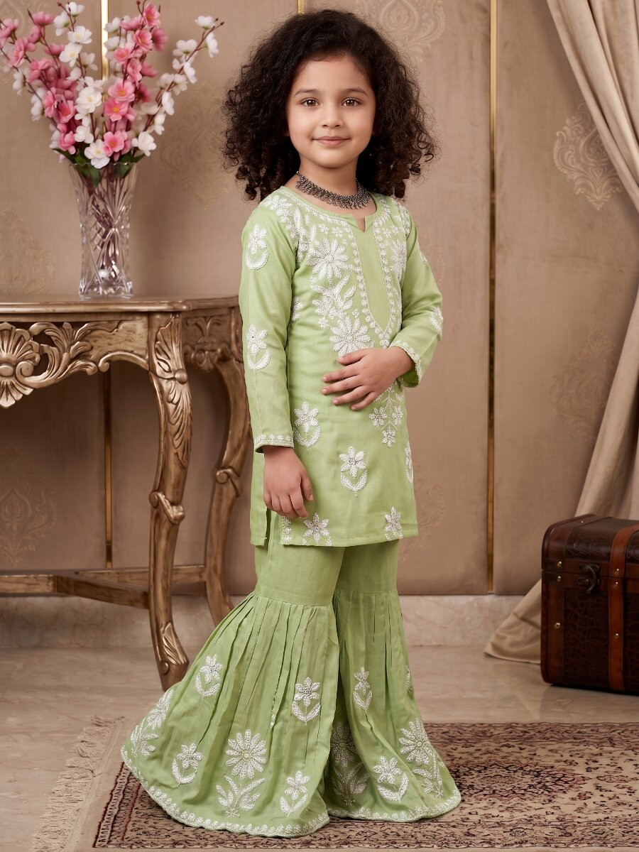 Pista Heavy rayon cotton Embroidered Ethnic Casual Festival Party Wedding Kurta Sharara Girls Wear