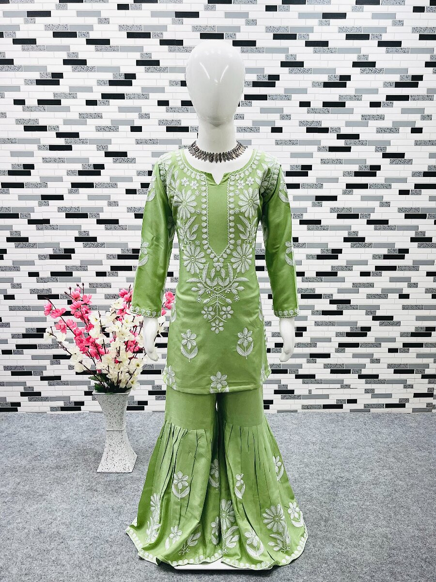 Pista Heavy rayon cotton Embroidered Ethnic Casual Festival Party Wedding Kurta Sharara Girls Wear
