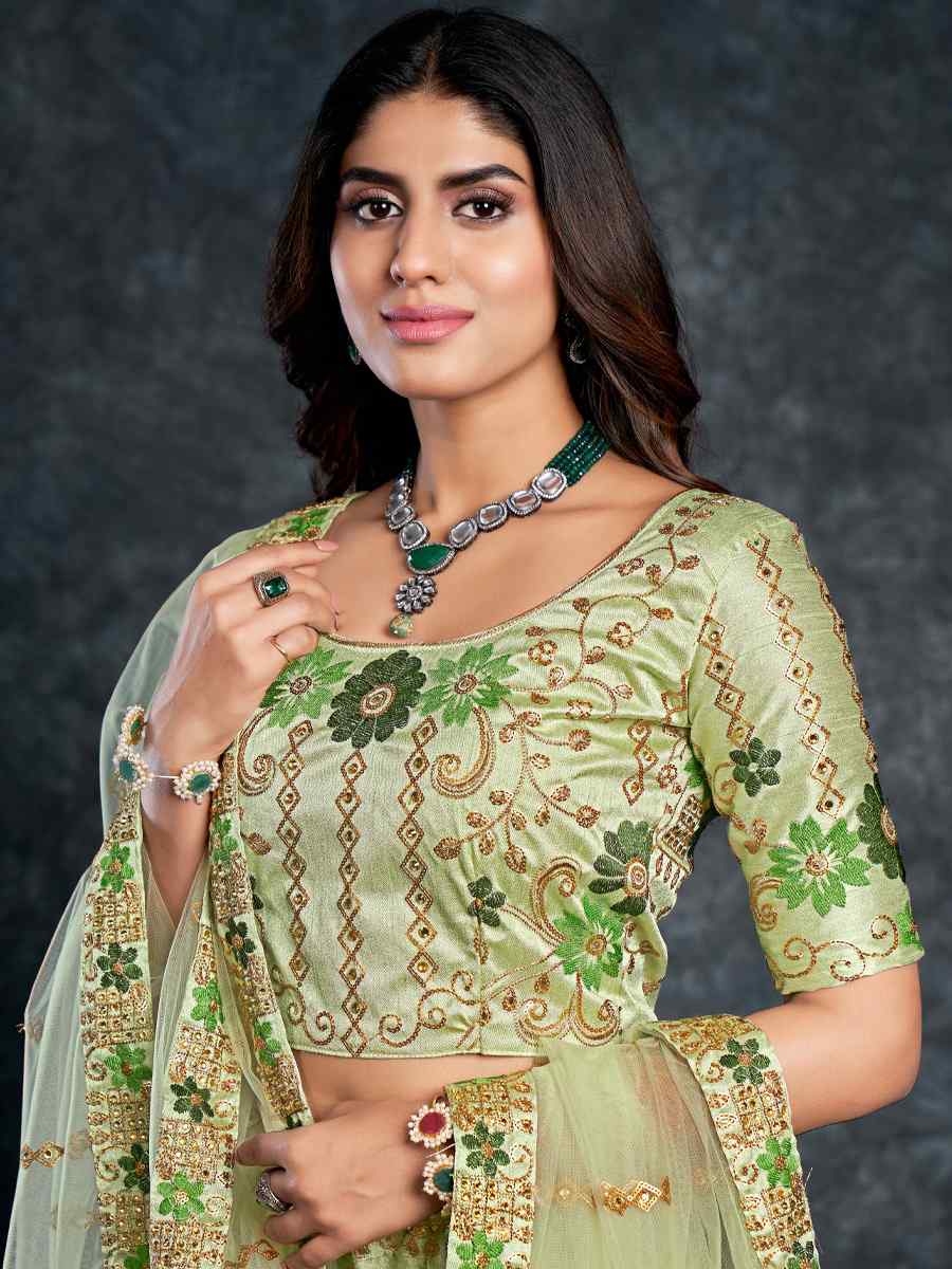 Pista Italian Silk Embroidered Wedding Festival Heavy Border Lehenga Choli