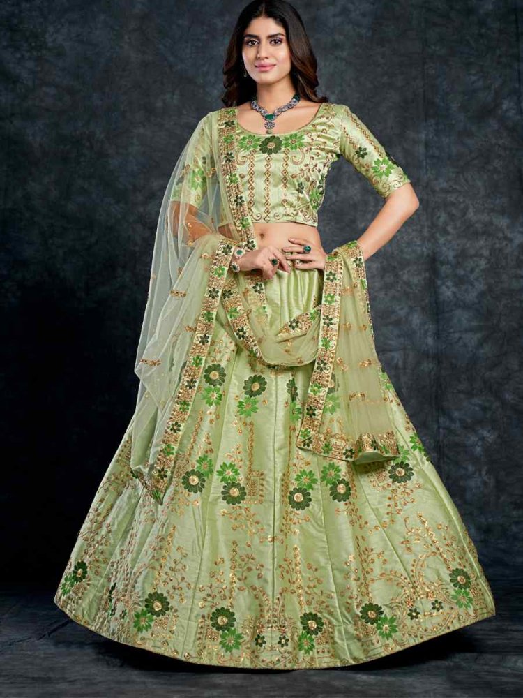 Pista Italian Silk Embroidered Wedding Festival Heavy Border Lehenga Choli