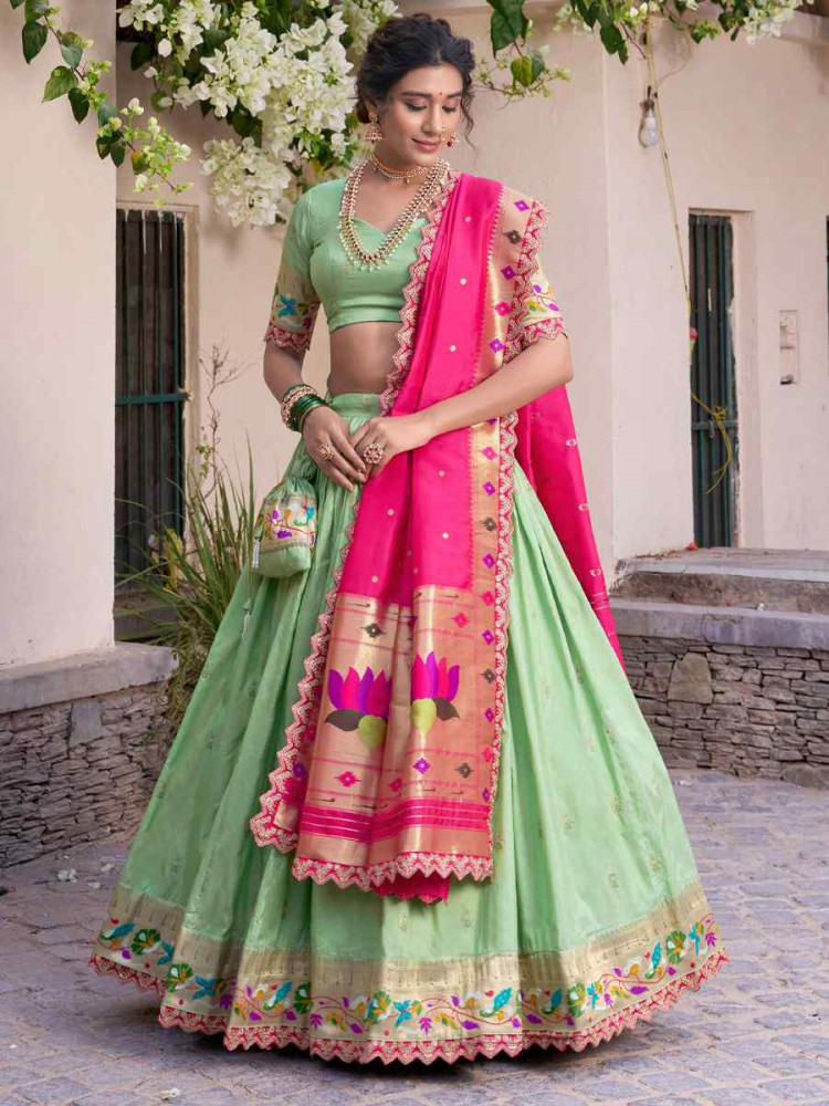 Pista Jacquard Silk Printed And Handwoven Party Reception Wedding Lehenga Choli