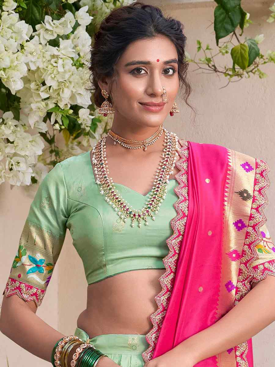 Pista Jacquard Silk Printed And Handwoven Party Reception Wedding Lehenga Choli