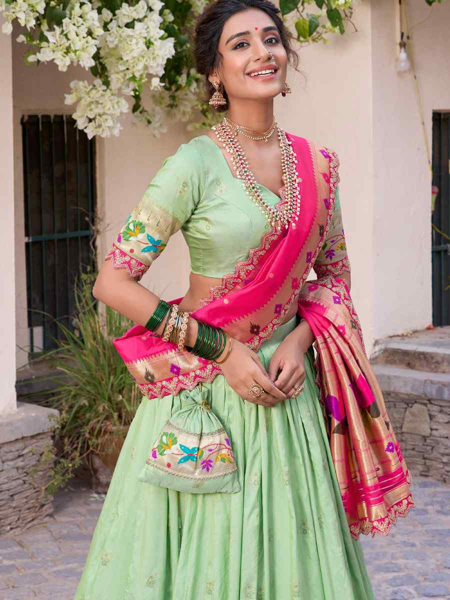 Pista Jacquard Silk Printed And Handwoven Party Reception Wedding Lehenga Choli