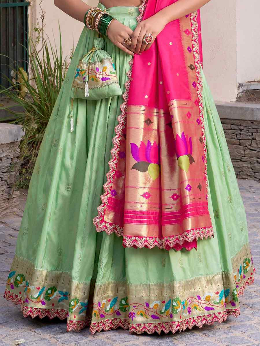 Pista Jacquard Silk Printed And Handwoven Party Reception Wedding Lehenga Choli