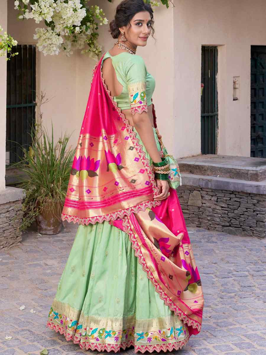 Pista Jacquard Silk Printed And Handwoven Party Reception Wedding Lehenga Choli