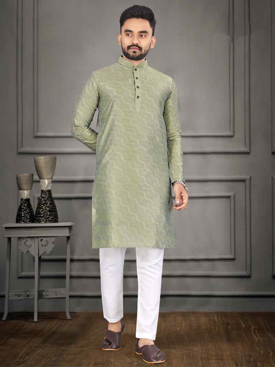 Pista Jacquard Woven Festival Mehendi Kurta
