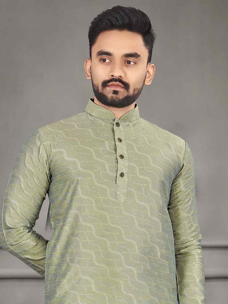 Pista Jacquard Woven Festival Mehendi Kurta