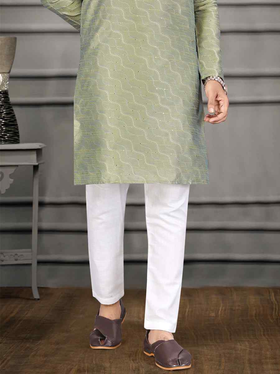 Pista Jacquard Woven Festival Mehendi Kurta