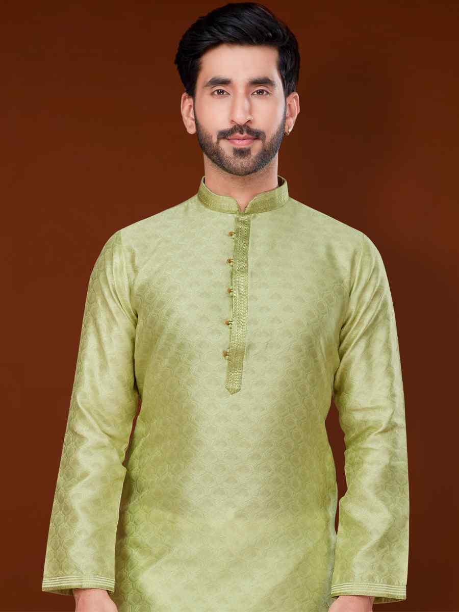 Pista Jacquard Woven Wedding Festival Kurta