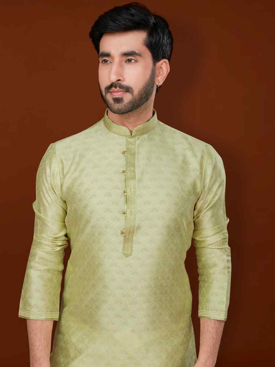 Pista Jacquard Woven Wedding Festival Kurta