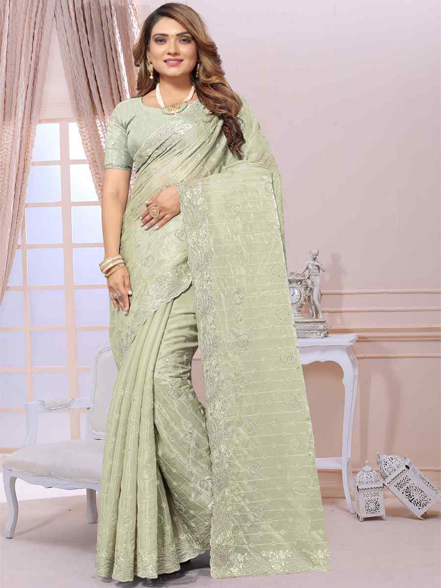 Pista Jimmy Choo Silk Embroidery Party Reception Heavy Border Saree