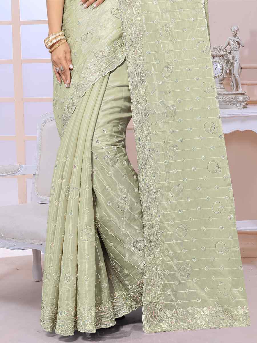 Pista Jimmy Choo Silk Embroidery Party Reception Heavy Border Saree