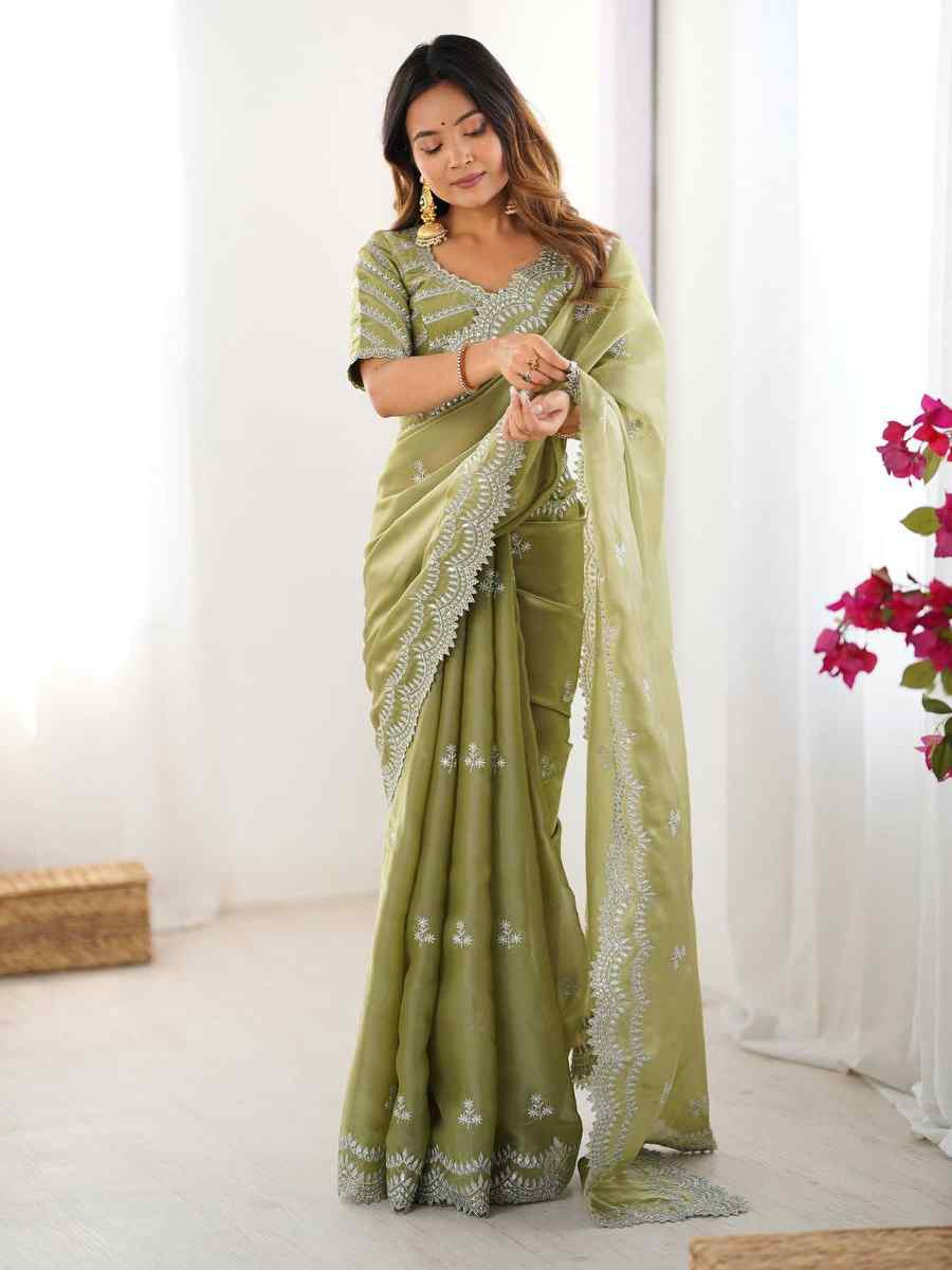 Pista Jimmy Chu Embroidered Festival Wedding Fancy Heavy Border Saree