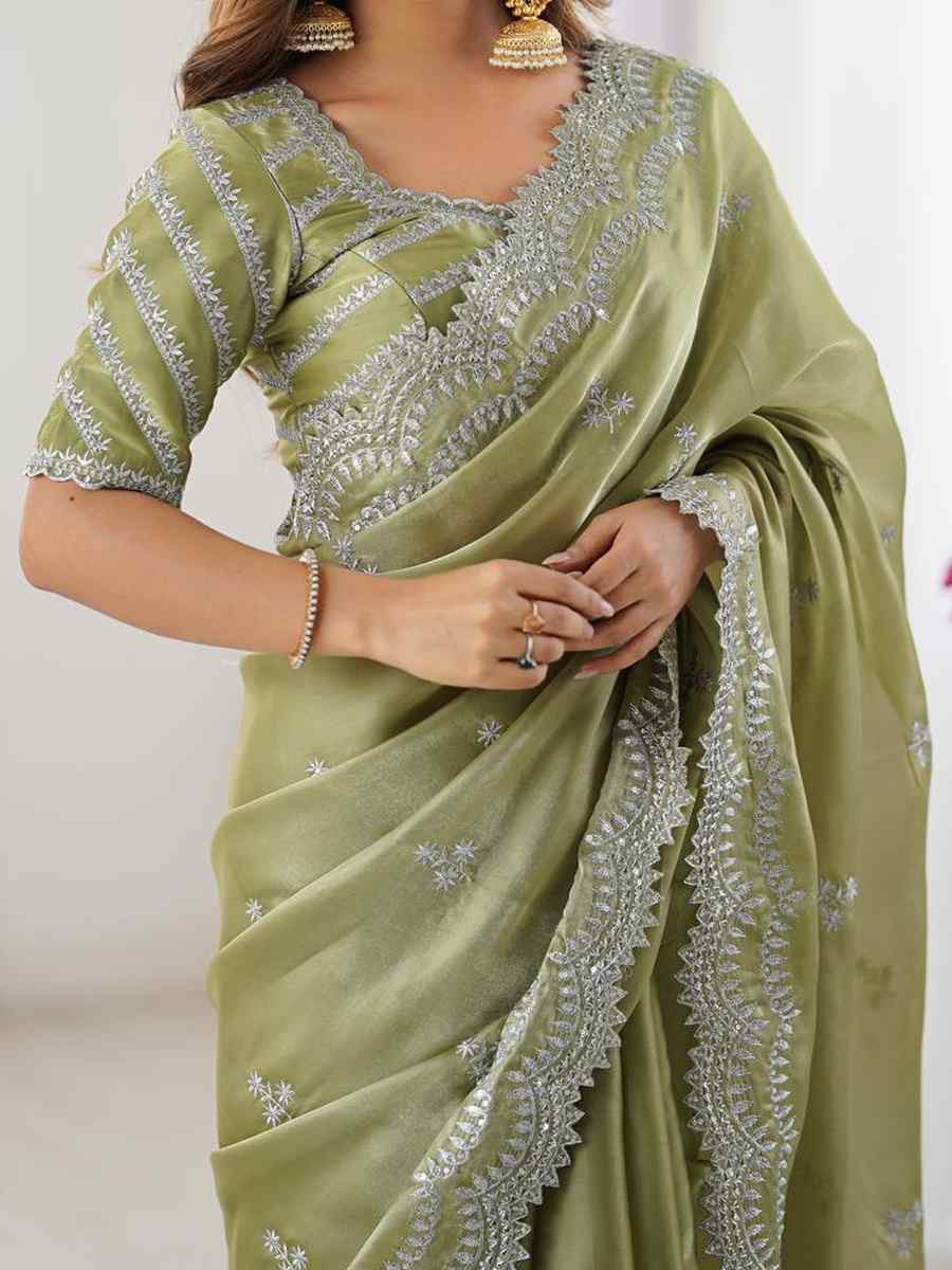 Pista Jimmy Chu Embroidered Festival Wedding Fancy Heavy Border Saree