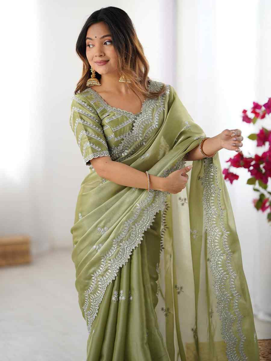 Pista Jimmy Chu Embroidered Festival Wedding Fancy Heavy Border Saree