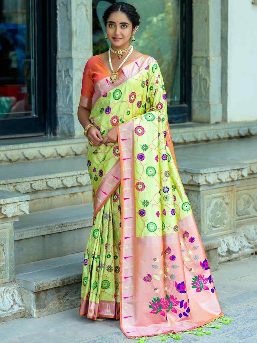 Pista Kanjivaram Silk Handwoven Wedding Festival Heavy Border Saree