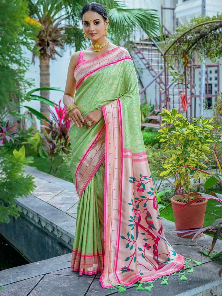 Pista Kanjivaram Silk Handwoven Wedding Festival Heavy Border Saree