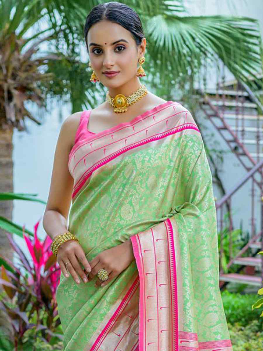 Pista Kanjivaram Silk Handwoven Wedding Festival Heavy Border Saree