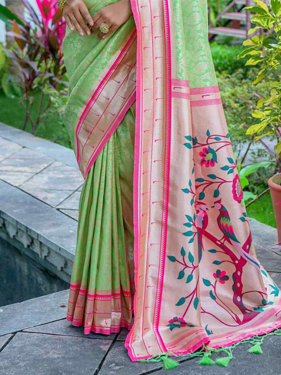 Pista Kanjivaram Silk Handwoven Wedding Festival Heavy Border Saree