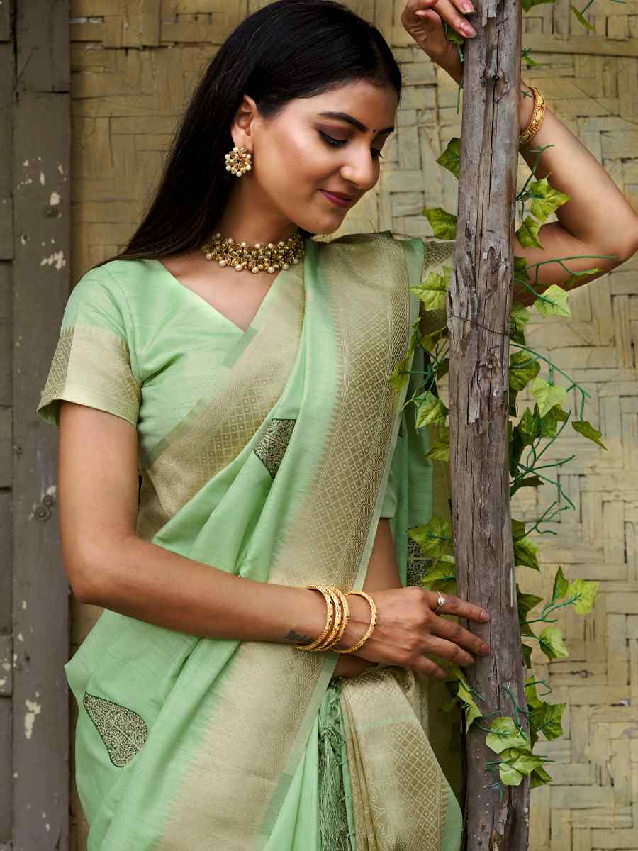 Pista Katan Silk Handwoven Wedding Festival Heavy Border Saree