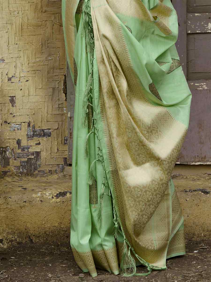 Pista Katan Silk Handwoven Wedding Festival Heavy Border Saree