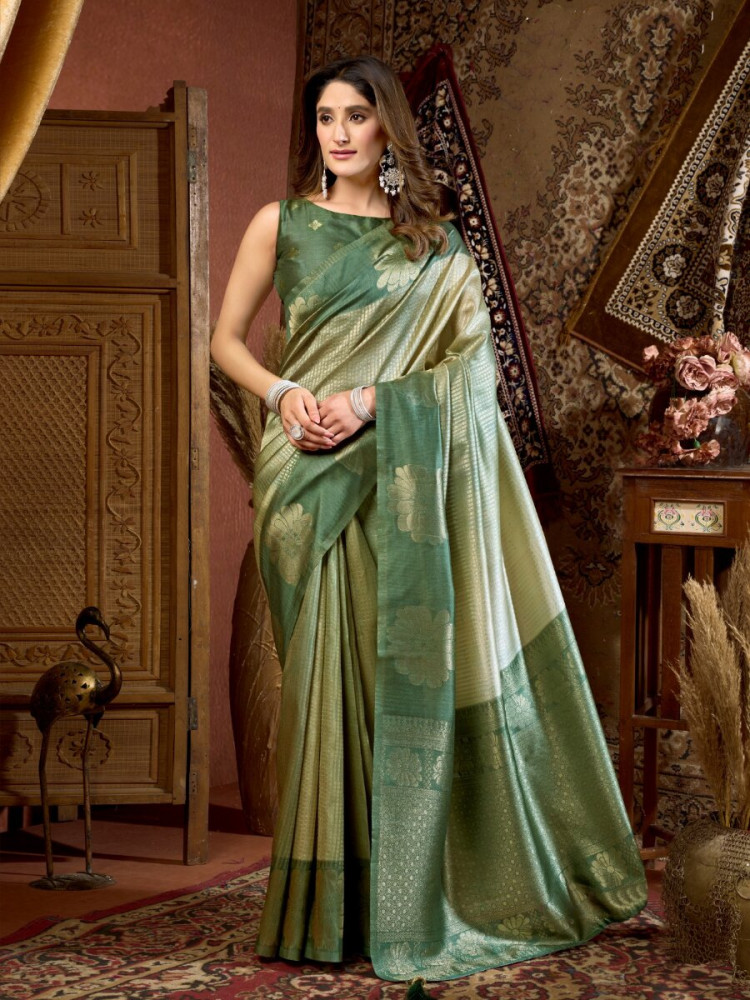 Image of Pista Kota Silk Handwoven Wedding Reception Party Casual Heavy Border Sarees