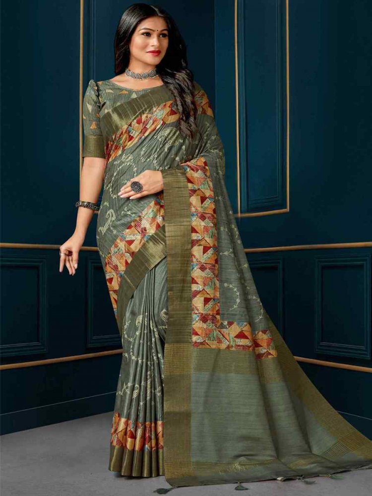 Pista Kotha Silk Embroidered Mehendi Festival Heavy Border Saree