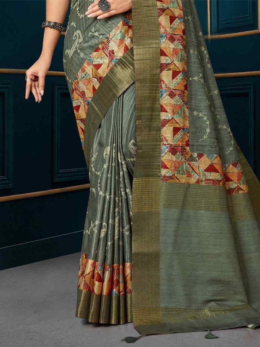 Pista Kotha Silk Embroidered Mehendi Festival Heavy Border Saree