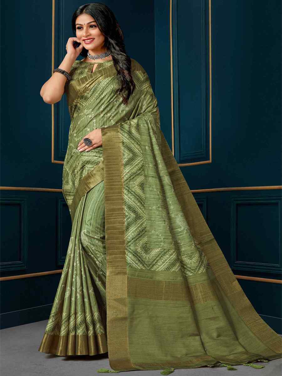 Pista Kotha Silk Embroidered Mehendi Festival Heavy Border Saree