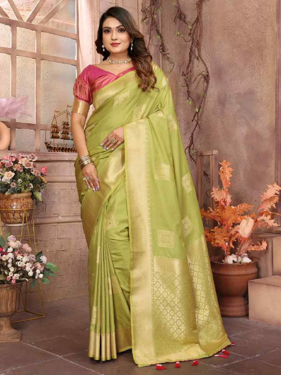 Pista Lichi Soft Silk Handwoven Festival Wedding Fancy Heavy Border Saree
