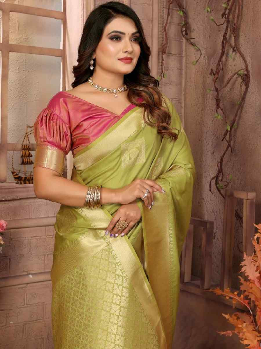 Pista Lichi Soft Silk Handwoven Festival Wedding Fancy Heavy Border Saree