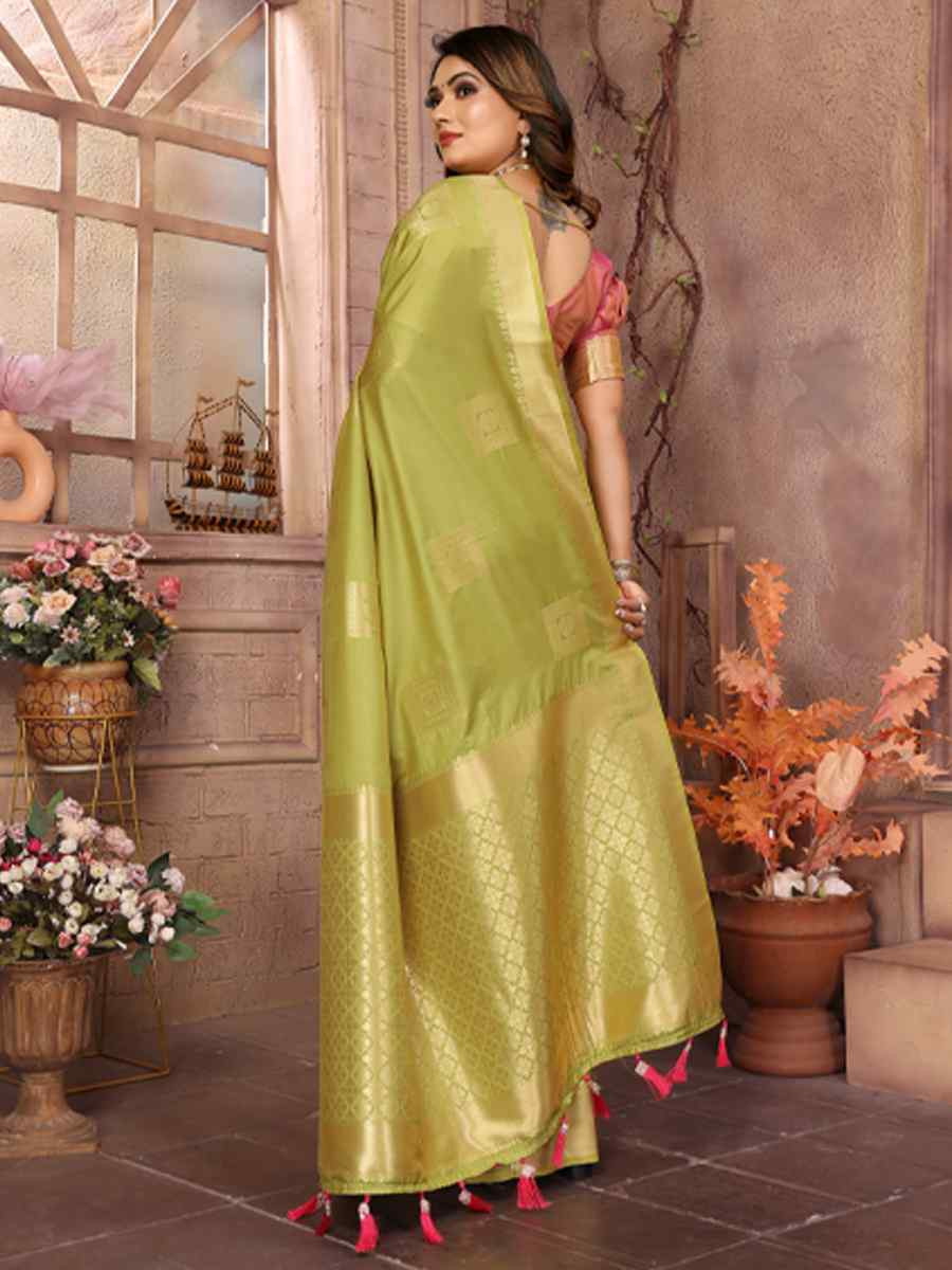 Pista Lichi Soft Silk Handwoven Festival Wedding Fancy Heavy Border Saree