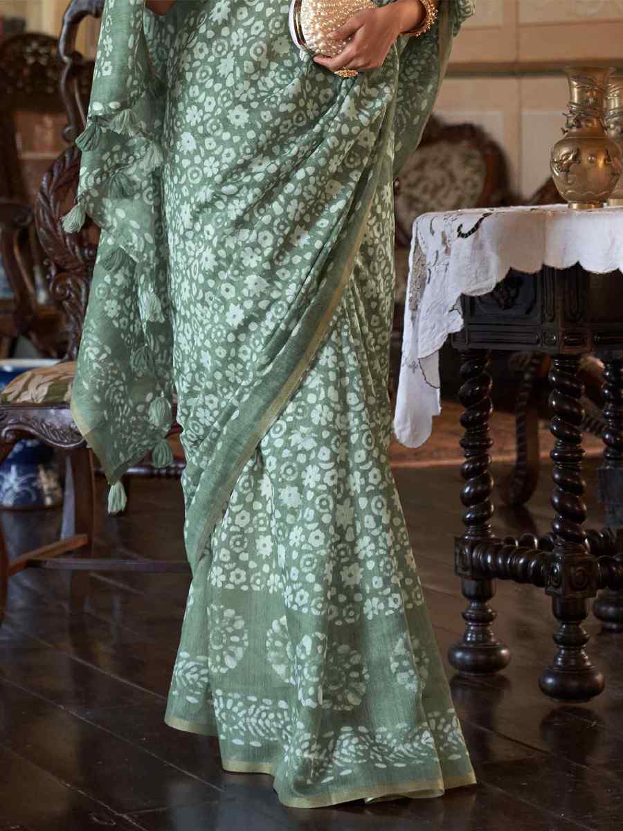 Pista Linen Cotton Printed Casual Festival Contemporary Saree