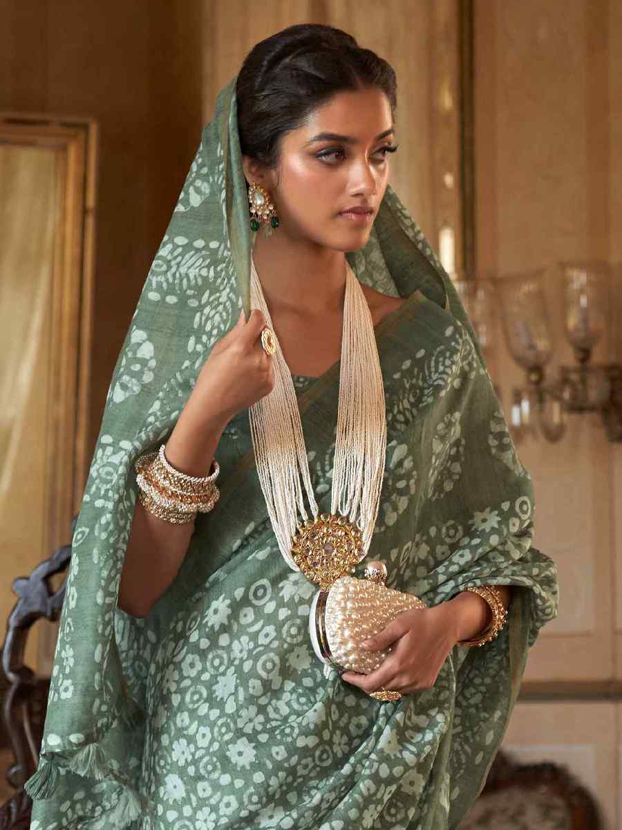 Pista Linen Cotton Printed Casual Festival Contemporary Saree