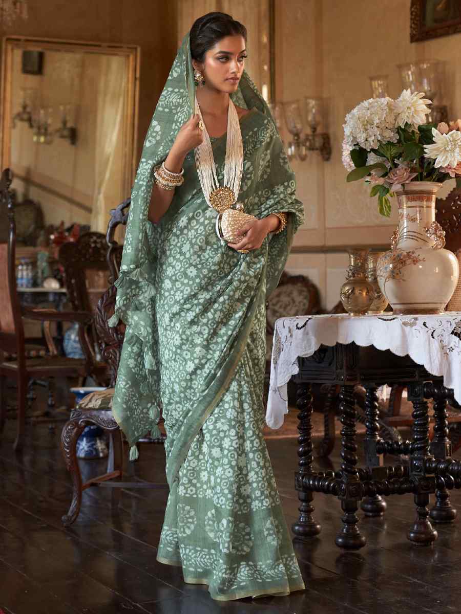 Pista Linen Cotton Printed Casual Festival Contemporary Saree