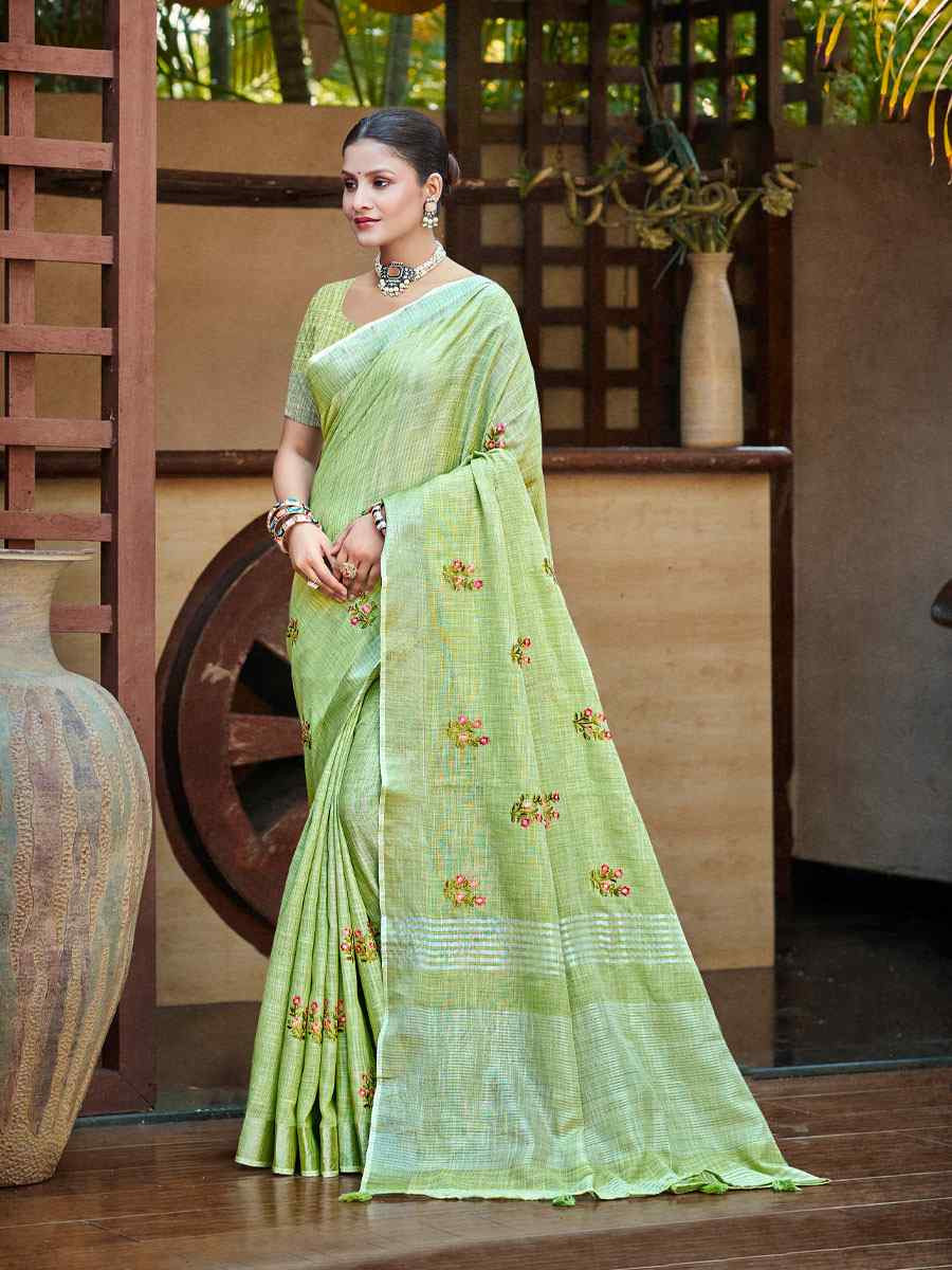 Pista Linen Embroidery Handwoven Casual Festival Party Classic Style Sarees