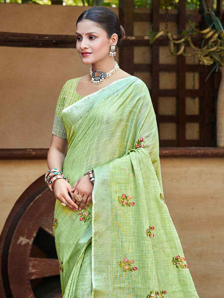Pista Linen Embroidery Handwoven Casual Festival Party Classic Style Sarees