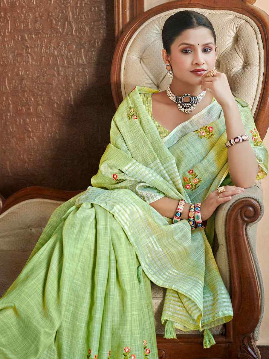 Pista Linen Embroidery Handwoven Casual Festival Party Classic Style Sarees
