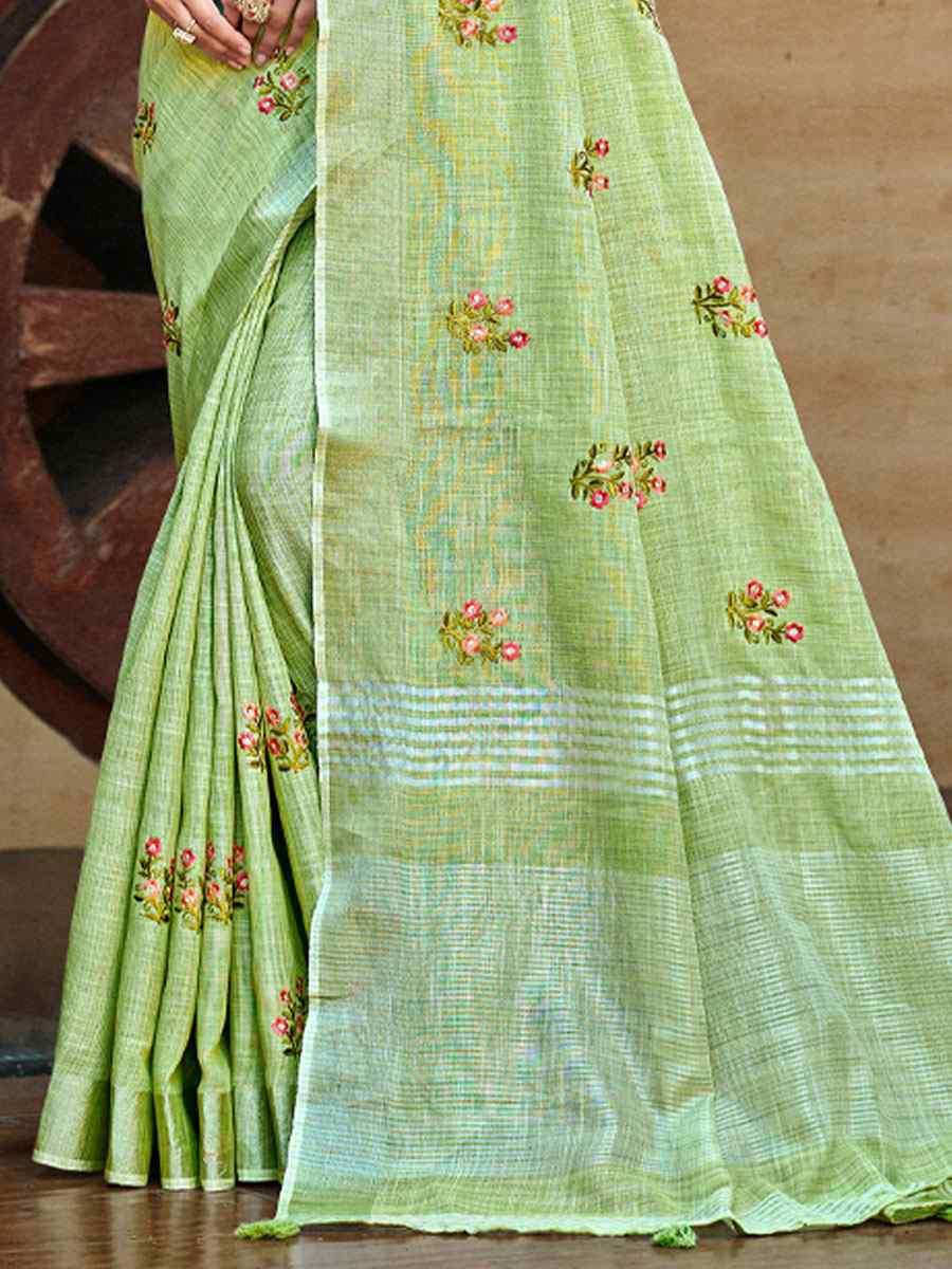 Pista Linen Embroidery Handwoven Casual Festival Party Classic Style Sarees