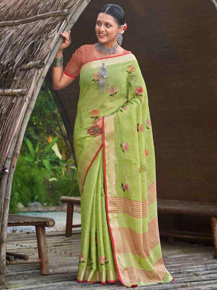 Pista Linen Handwoven Casual Festival Classic Style Saree
