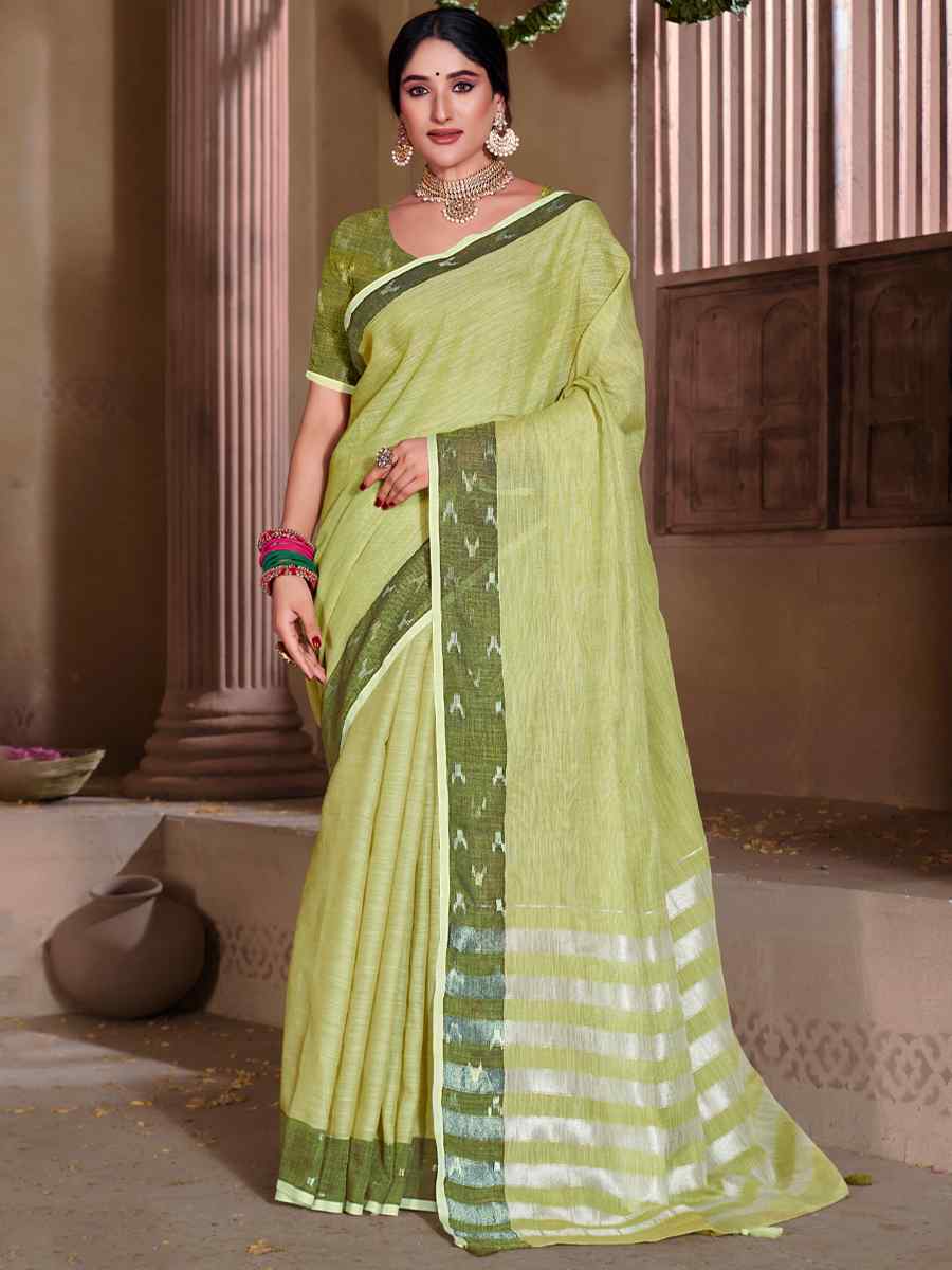 Pista Linen Handwoven Casual Festival Heavy Border Saree