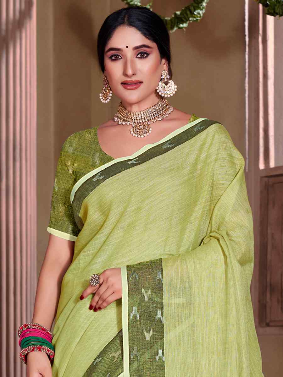 Pista Linen Handwoven Casual Festival Heavy Border Saree