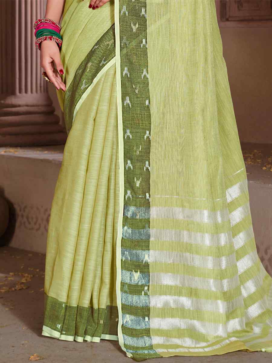 Pista Linen Handwoven Casual Festival Heavy Border Saree
